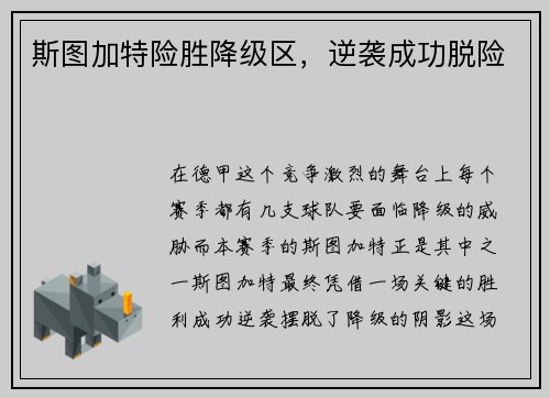 斯图加特险胜降级区，逆袭成功脱险