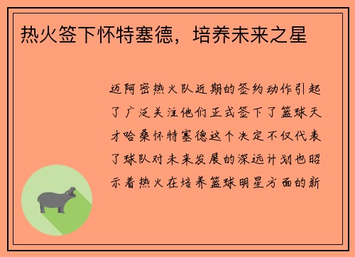 热火签下怀特塞德，培养未来之星